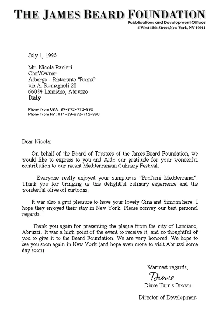 Letter from James Beard Foundation